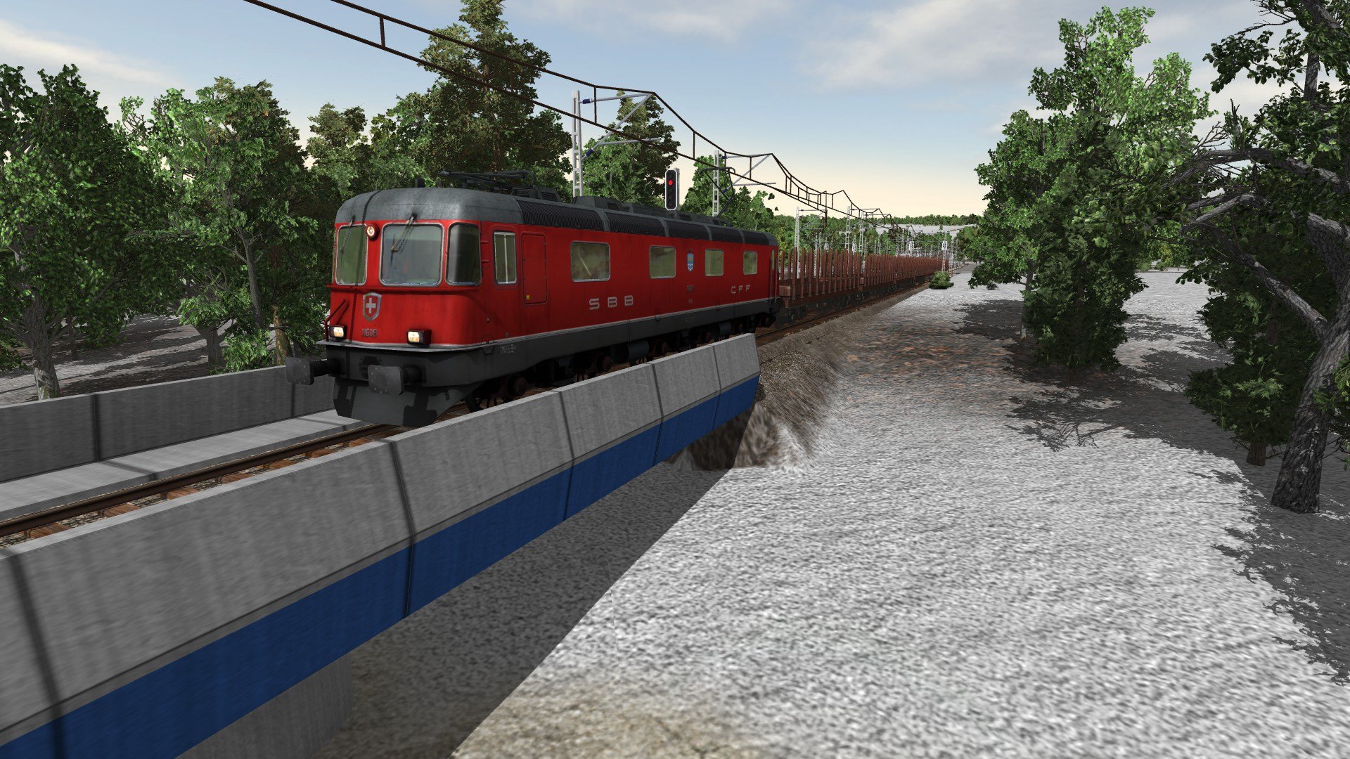 SBB Re 6/6 mit leerem Holzzug