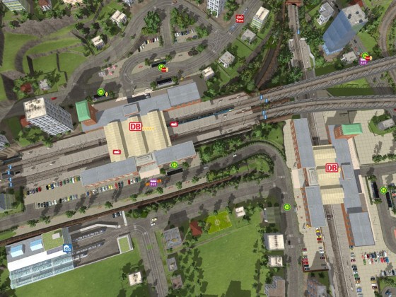 Links: S-Bahnhof mit den Gleisen 1-4, Rechts: Fernbahnhof Gleis 5 und 6.