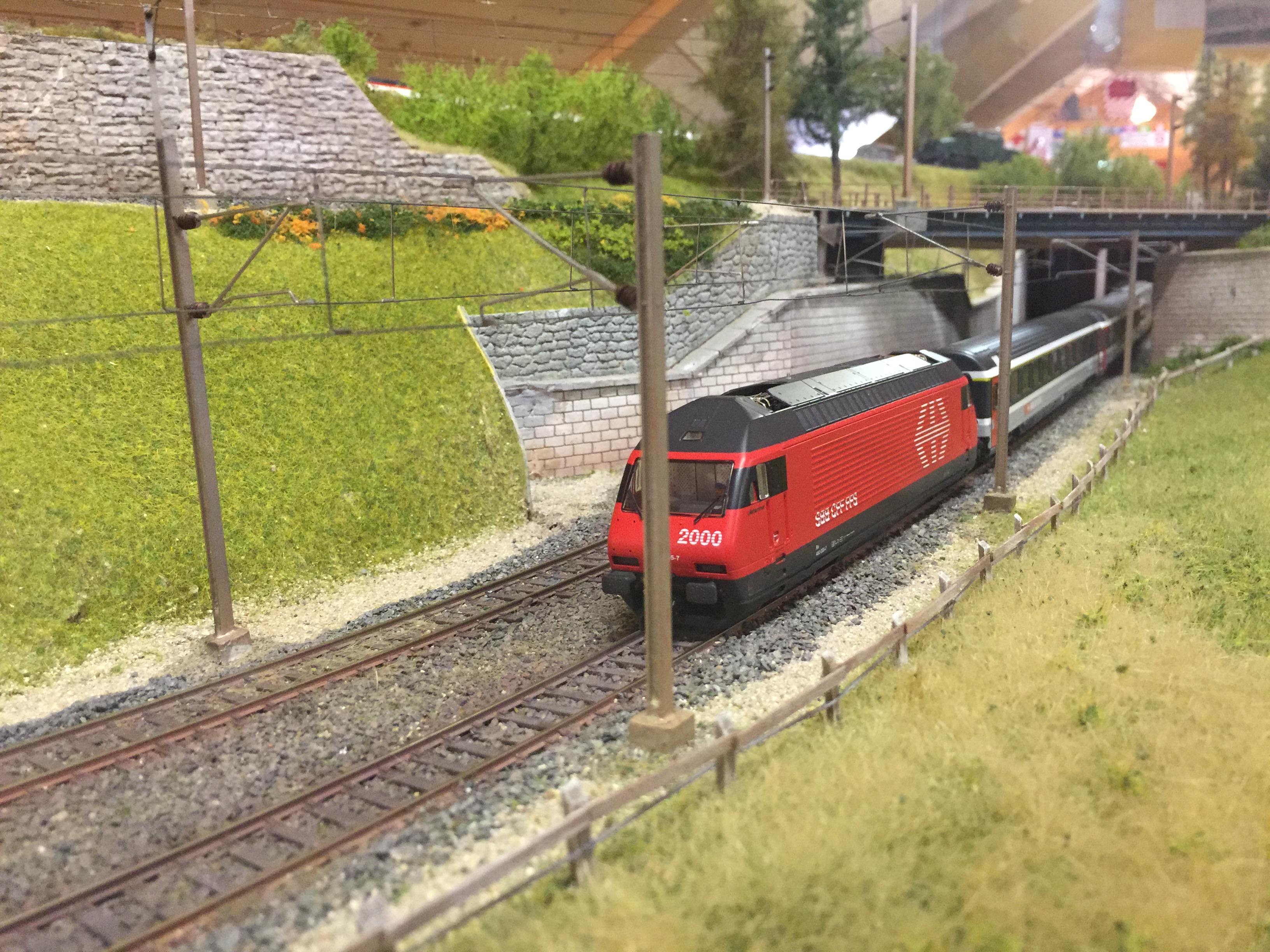 Re 460 zieht ihren EC durch die Anlage des Modelleisenbahn Clubs Horw, Kanton Luzern