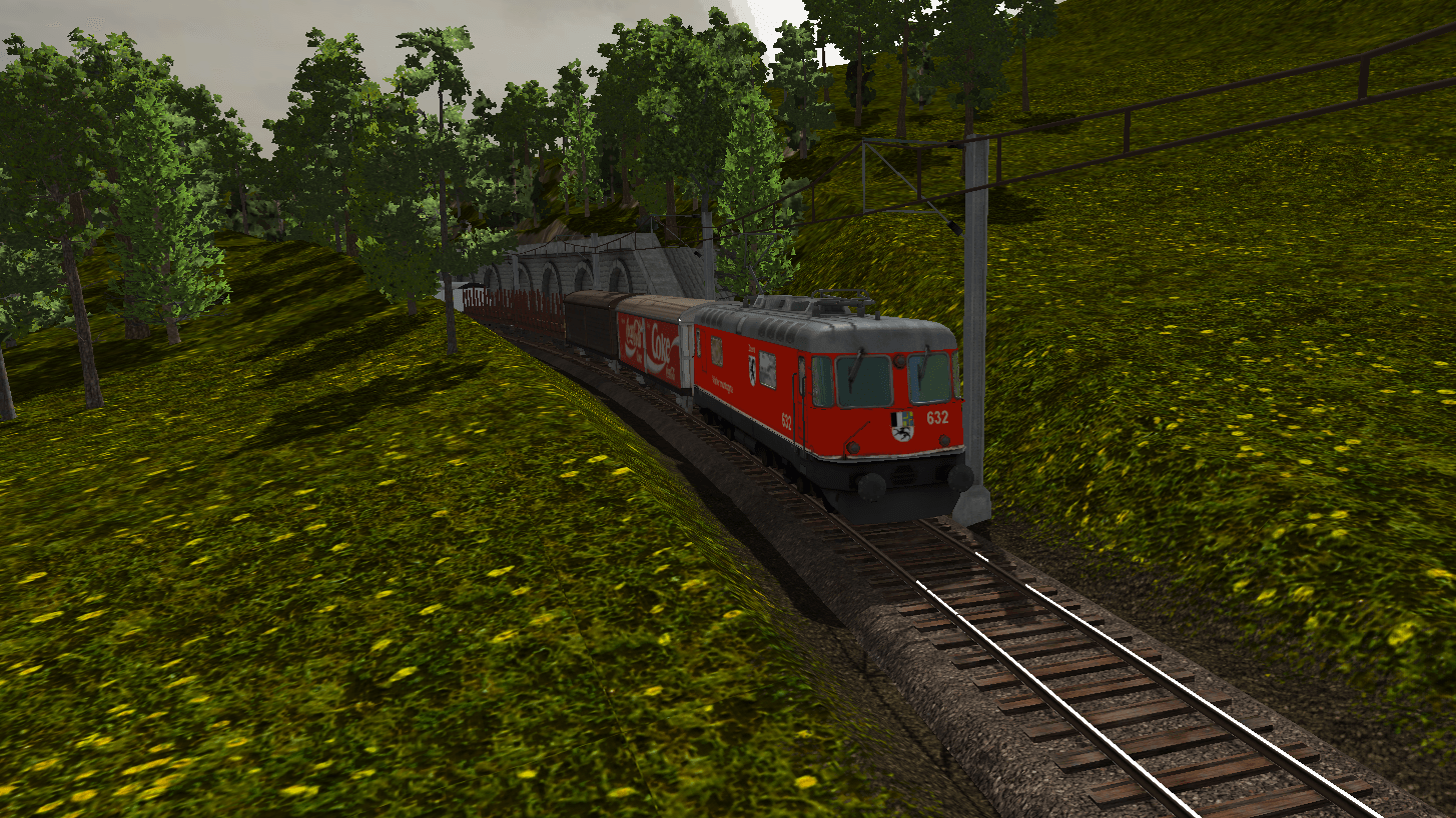 Eine Re 4/4 der Bergbahn mit einem gemischten Güterzug