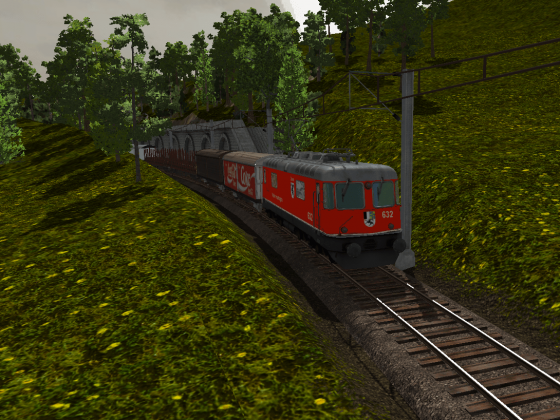 Eine Re 4/4 der Bergbahn mit einem gemischten Güterzug