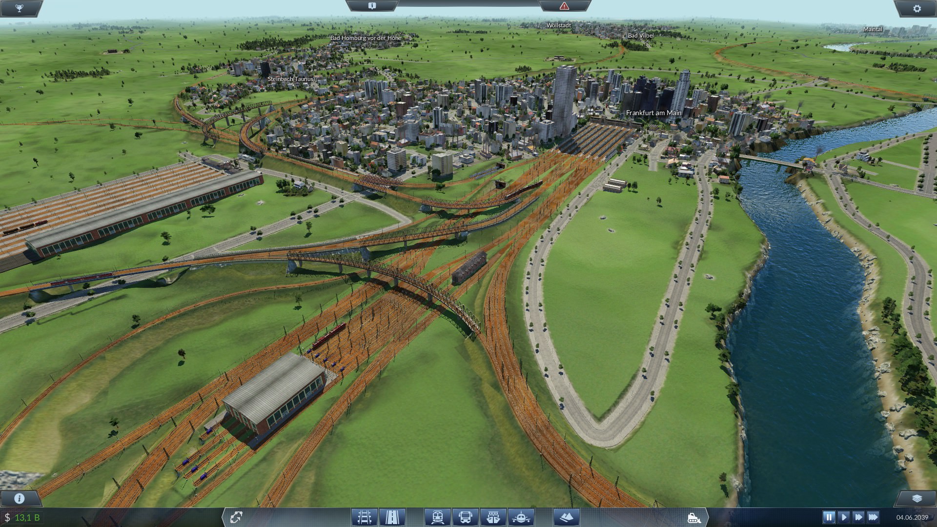 Blick auf Frankfurt/Main Hbf, mit dem neuen Güterbahnhof am linken Bildrand