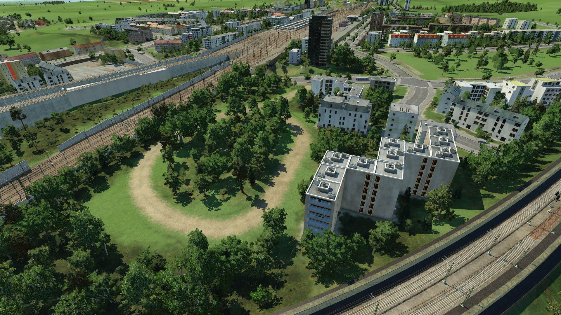 Kustermann-Park im Vordergrund, mit Blick auf den Ostbahnhof.