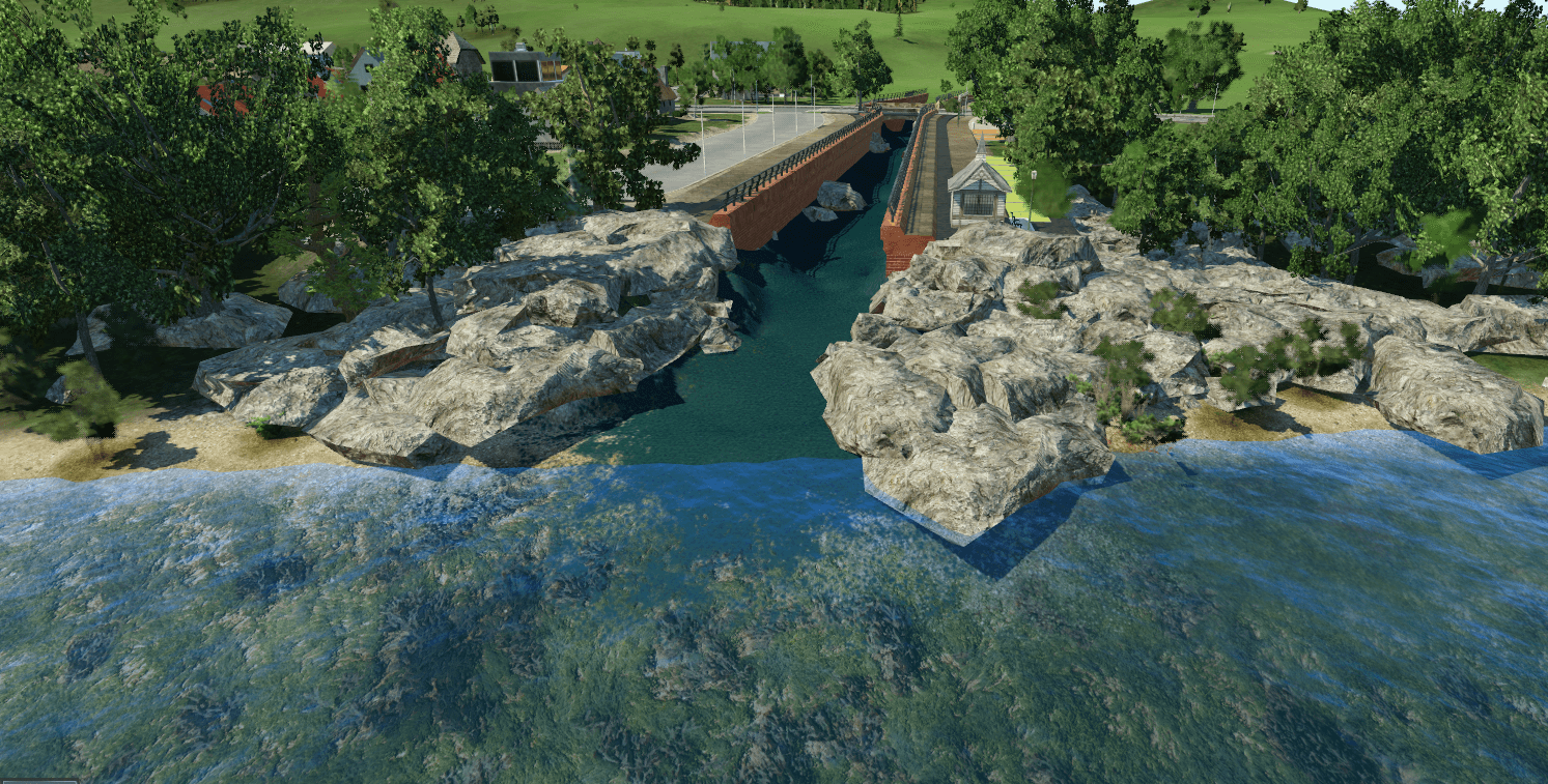Flusslauf mit Mündung und Aussichtsplattform