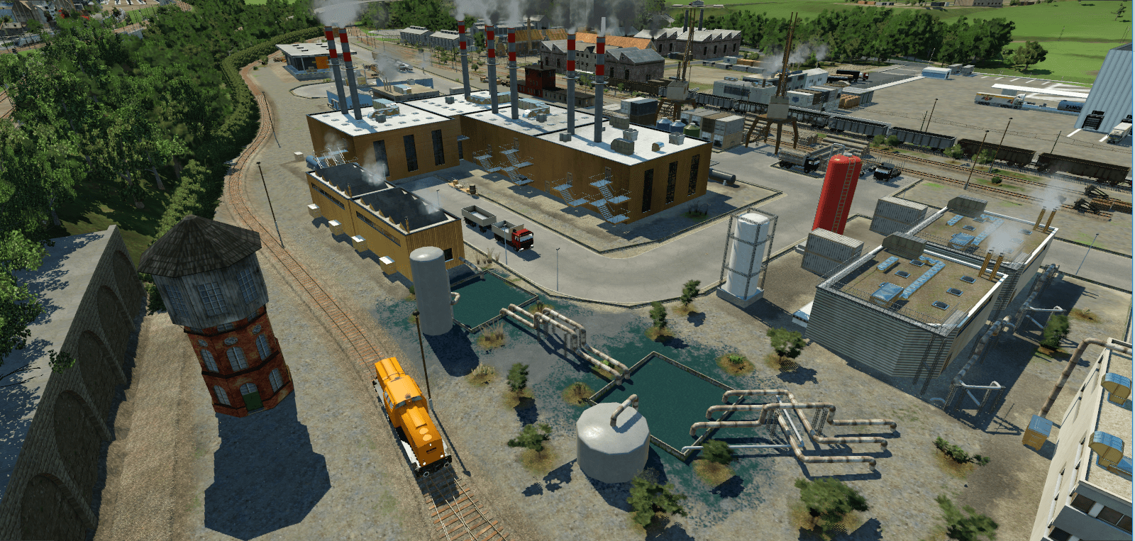 Chemieanlagen mit Absetztbecken im Industriegebiet