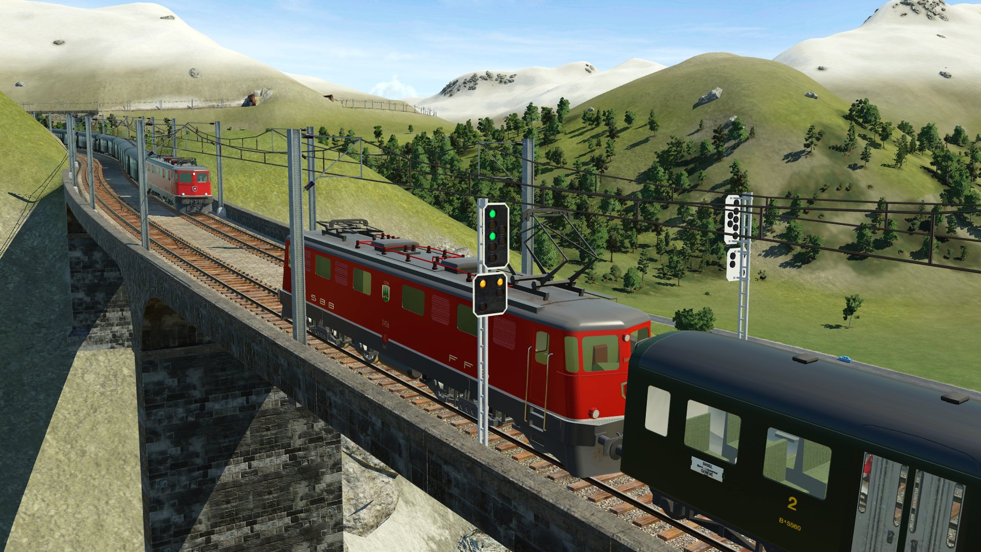 Zwei  mit Oltener Ae 6/6 bespannte Leichtbauzüge treffen sich am Oberalppass