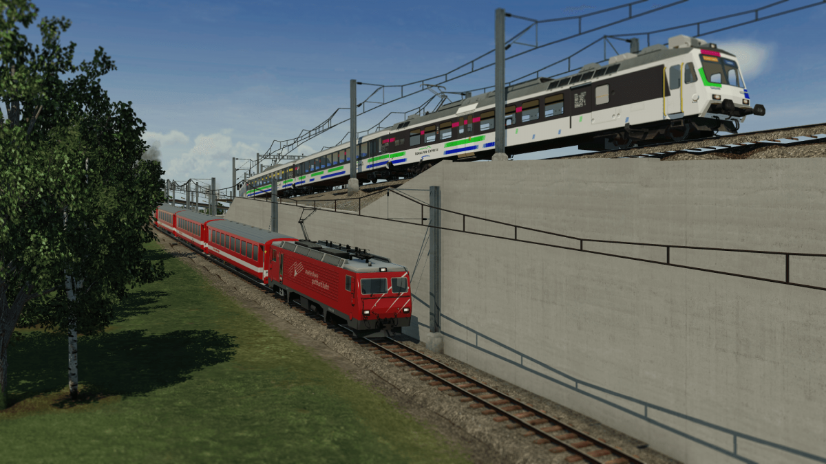 Bahnhofsausfahrt Reiden, ein Regio der FO kreuzt den Voralpen-Express richtung Luzern
