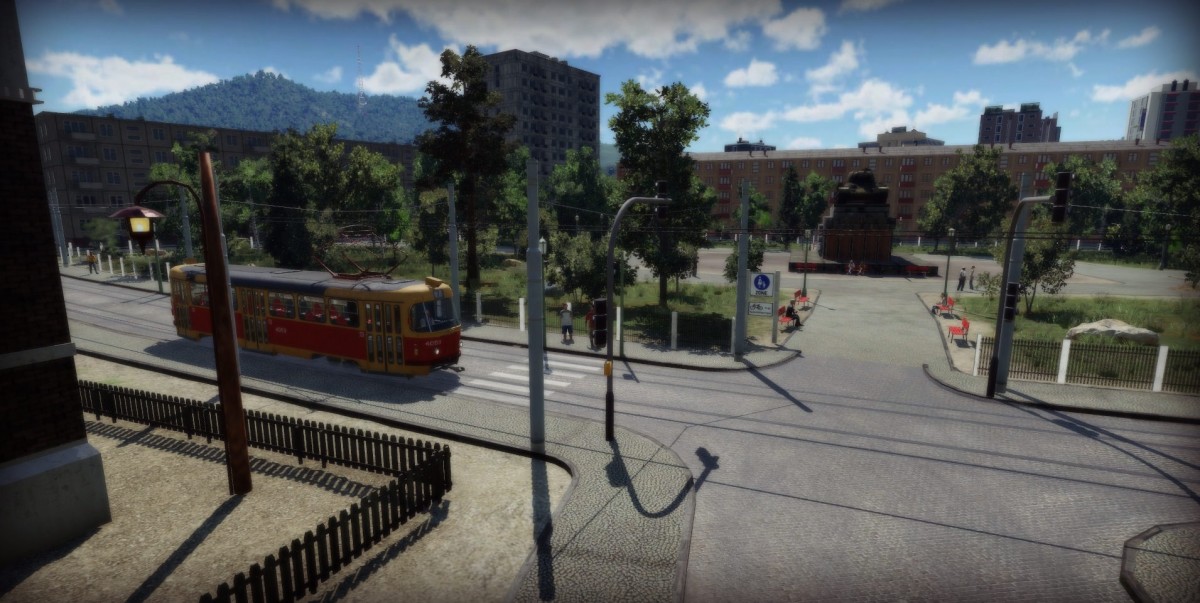 Tram Tatra and park in little late USSR city