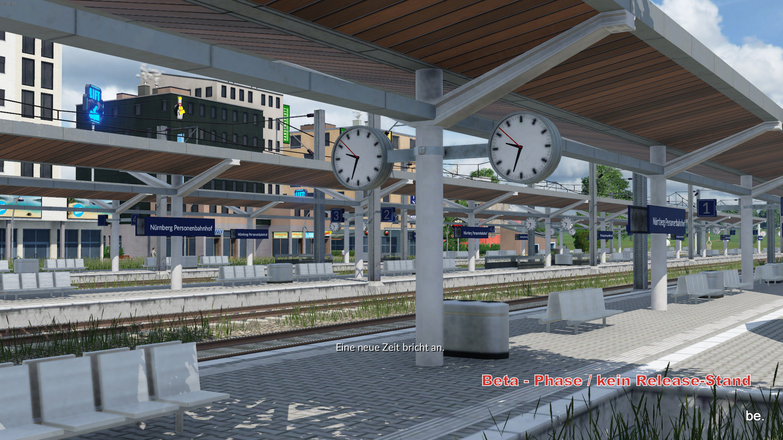 Bahnhof mit Bahnhofsnamen und Bahnhofsuhr (Echtzeit)