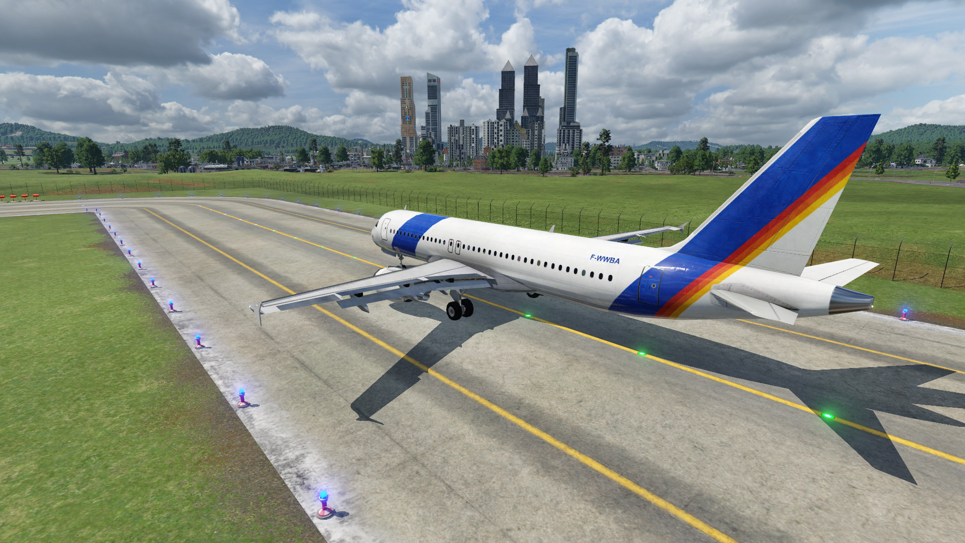 Der A320 mit Skyline im Hintergrund