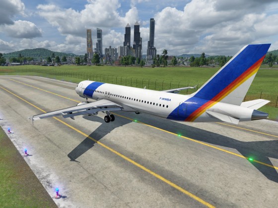 Der A320 mit Skyline im Hintergrund