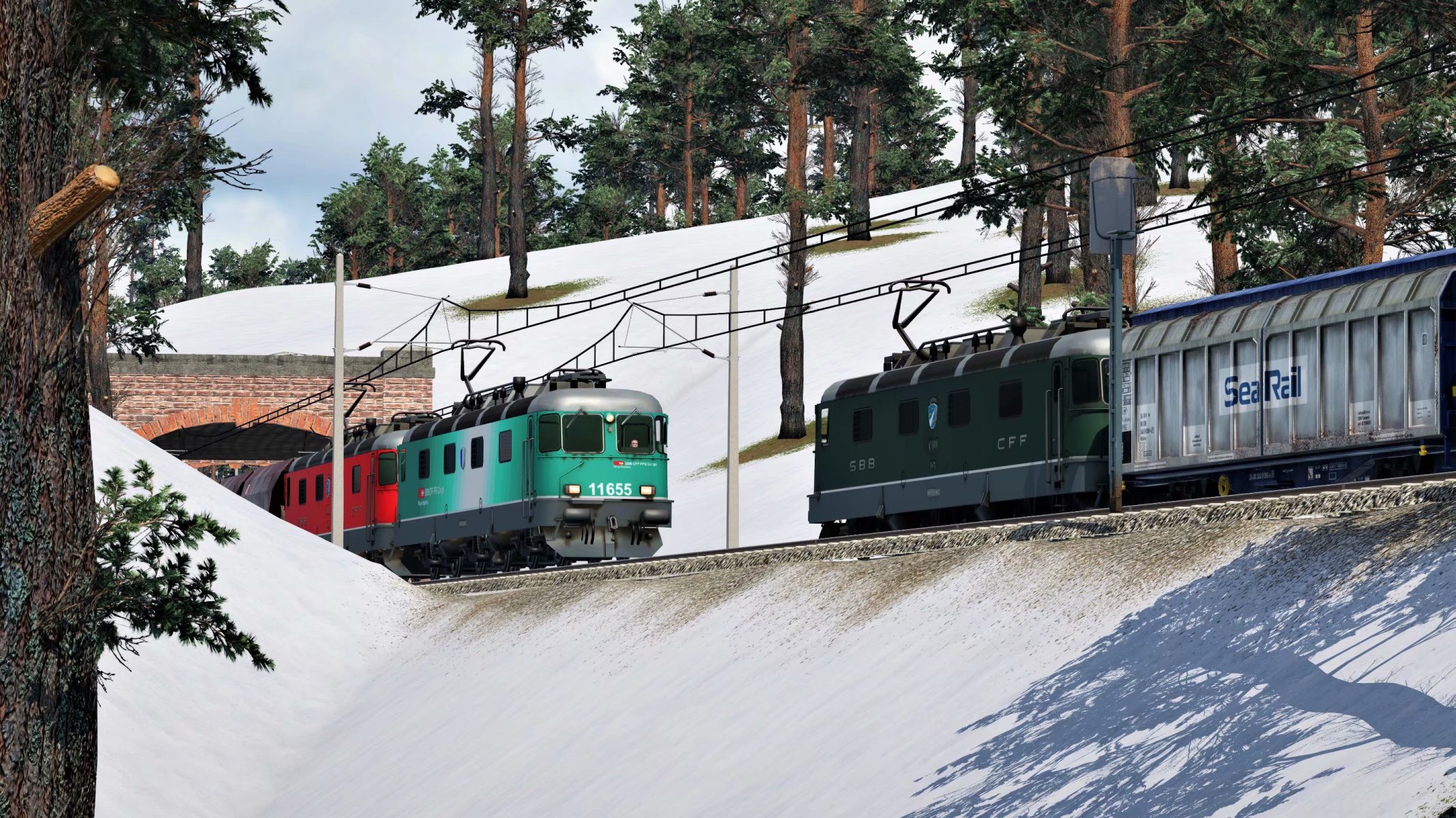 Re 6/6 with freight trains in winter