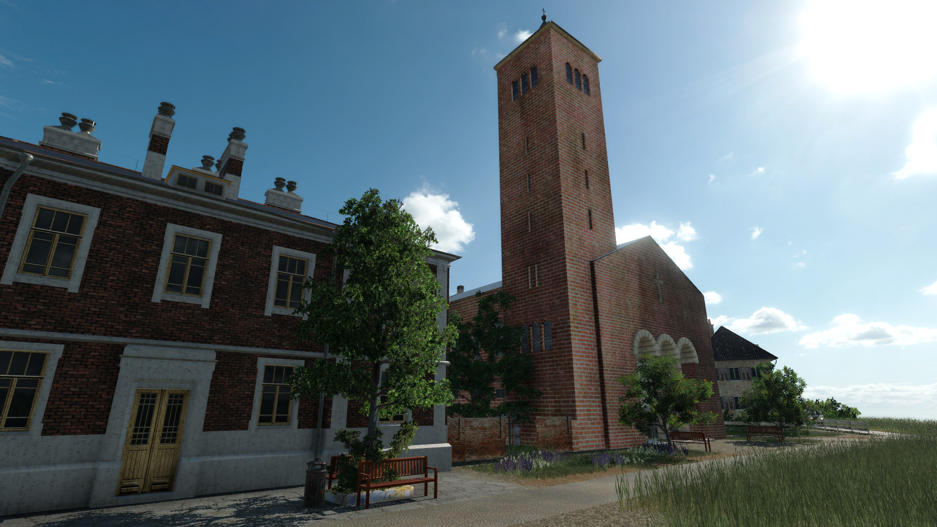 Das Rathaus und die Kirche in der Ortsmitte des Inseldorfes