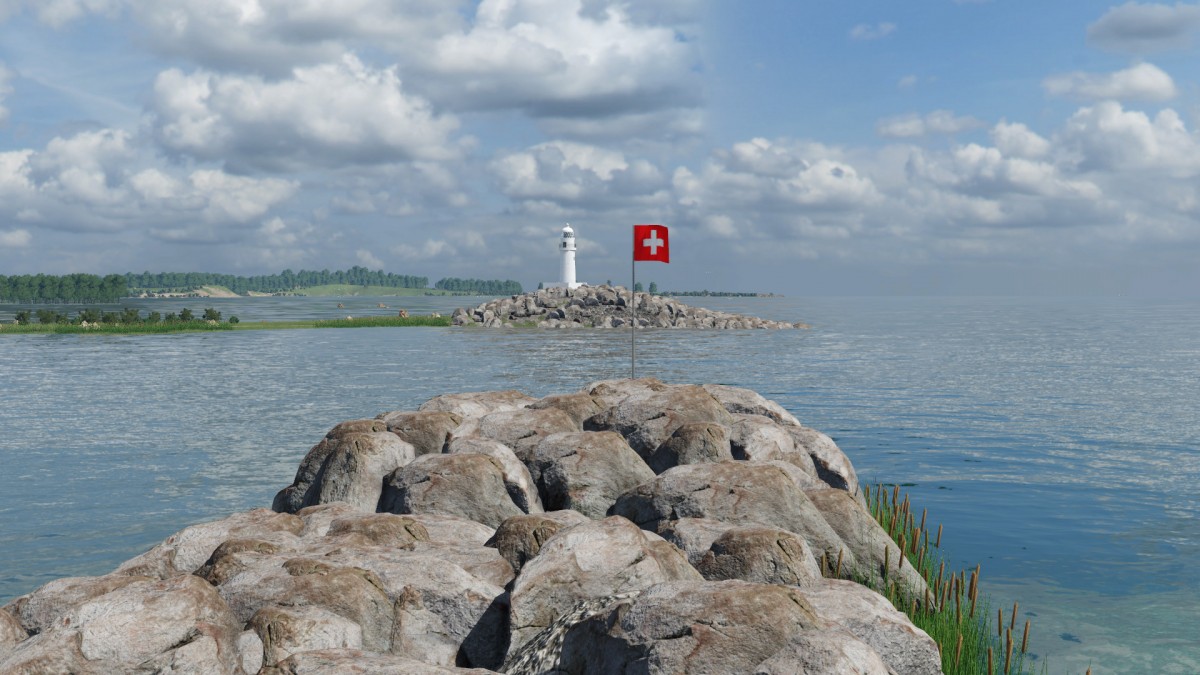 Flagge im Hafen mit Sicht auf den Leuchtturm
