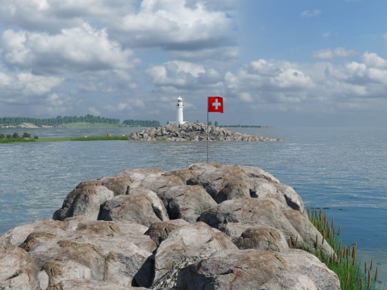 Flagge im Hafen mit Sicht auf den Leuchtturm