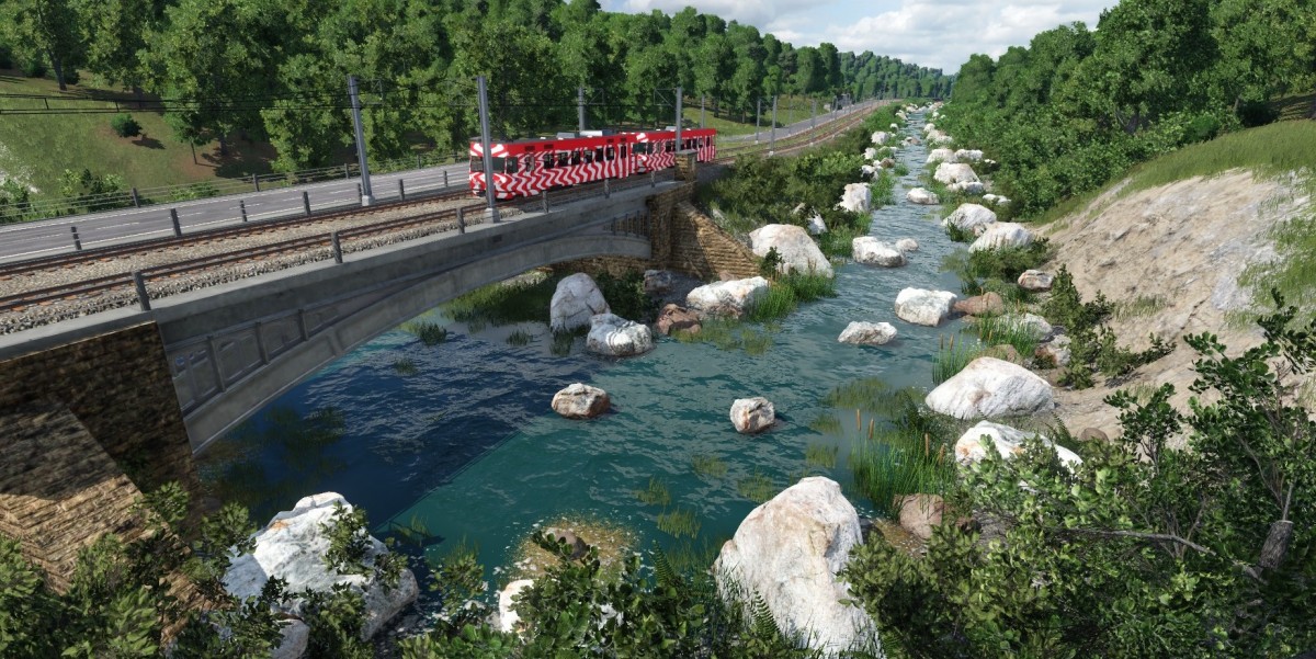 Fluss mit Strassen- und Schienenbrücke