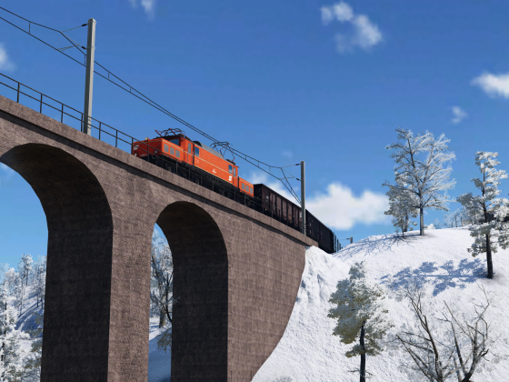 ÖBB 1020.10 mit Güterzug am Haken passiert das "Hochbruckenviadukt"