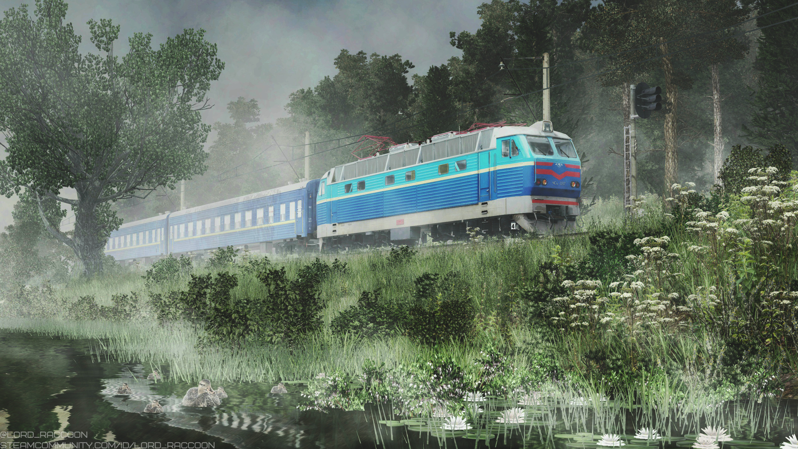 [TpF1] Mysterious atmosphere of the railway in sunset fog