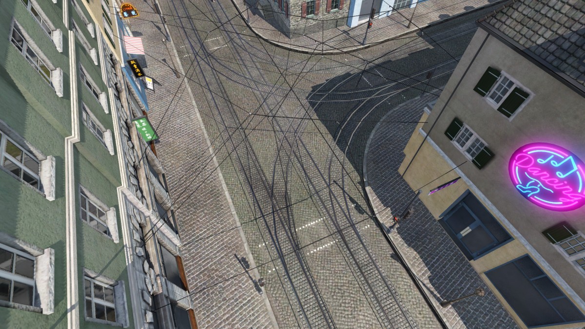 Kreuzung mit überbreitem Gehweg und 10-m-Tramkurve