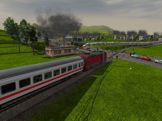 Doppelbahnübergang mit Zügen