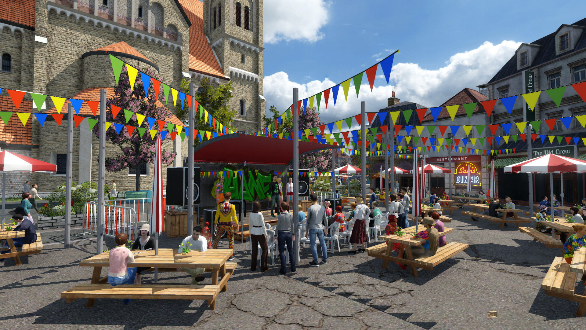 Food square with live music. // Lebensmittelquadrat mit Live-Musik.