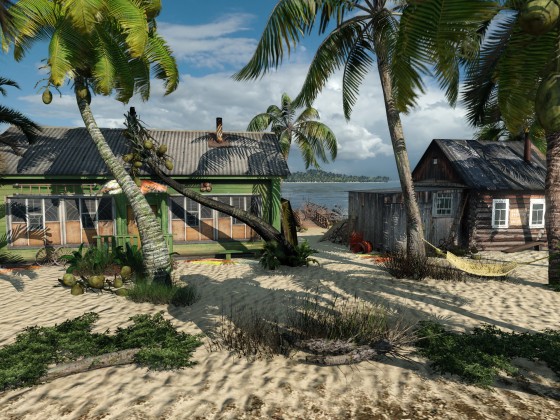 Verlassene Gebäude an einem karibischen Strand.