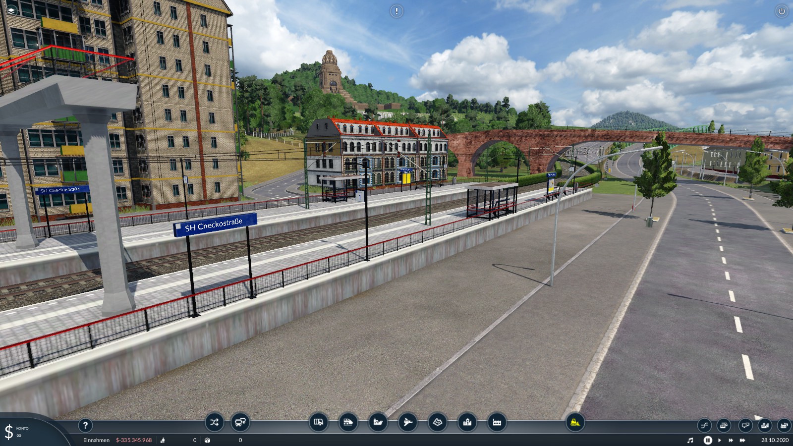 S-Bahnhof "Checkostraße" mit angrenzendem Stadtwald und Blick auf das Völkerschlachtdenkmal
