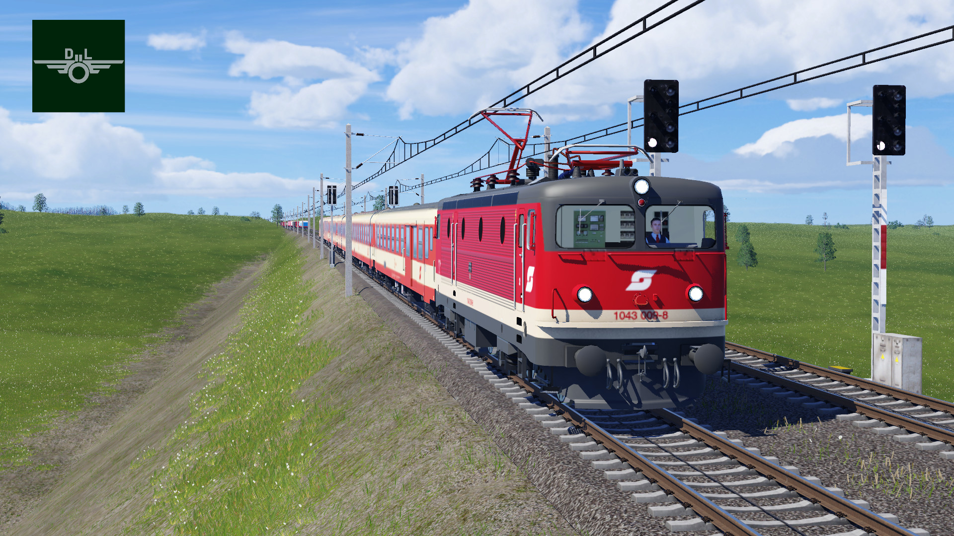 Reihe 1043 mit seinem Eilzug auf freier Strecke