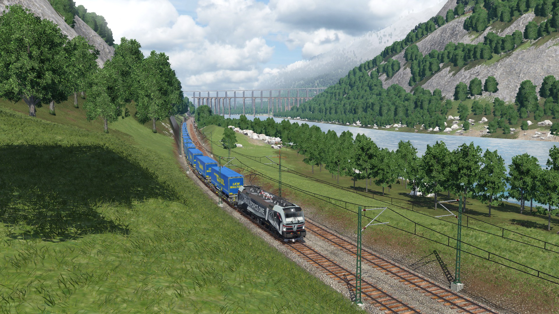 RFO 193 623 mit einem LKW Walter am Rhein gegenüber des Saint-Die Berg.