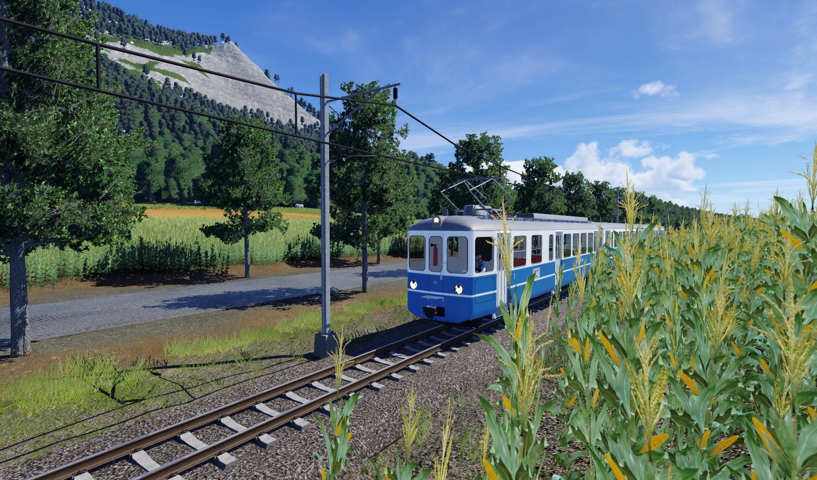 Auf dem Land fährt eine Bahn.