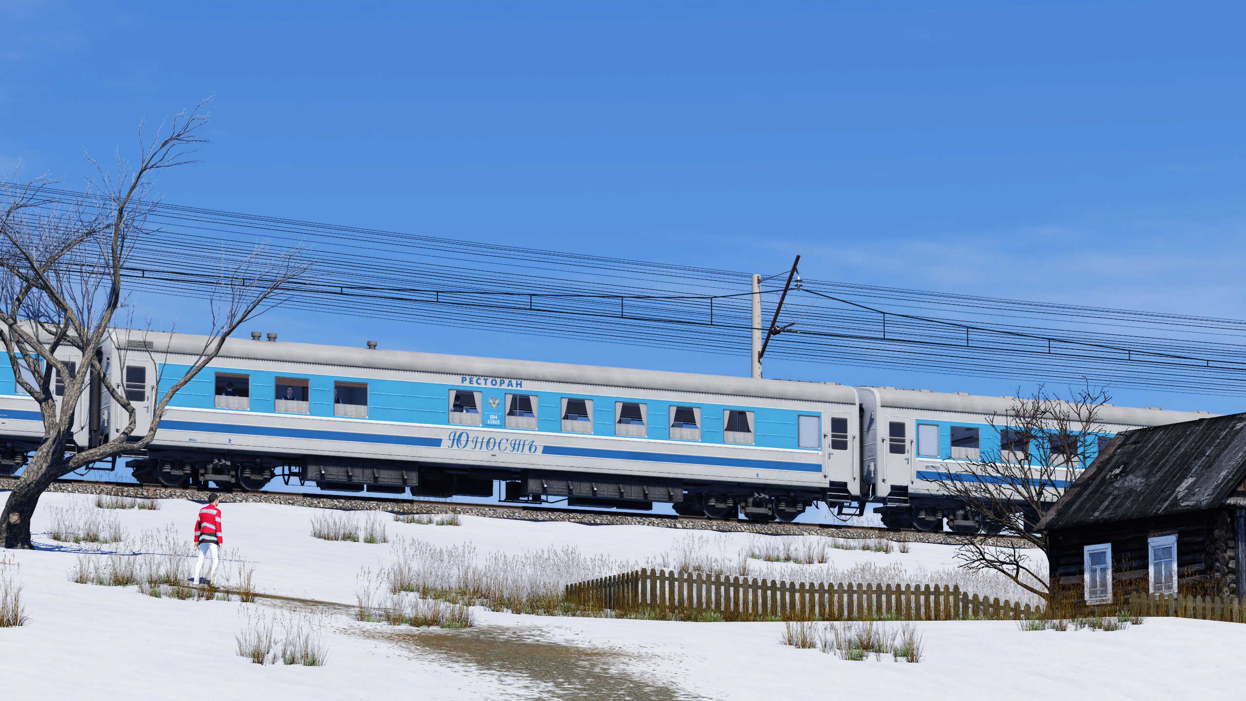 Branded train "Yunost", on winter landscape.