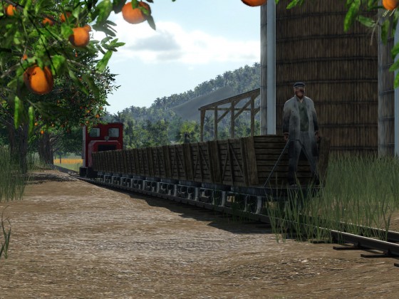 Feldbahn fährt auf Bauernhof und Industrieanlage "Lebensmittelfabrik"