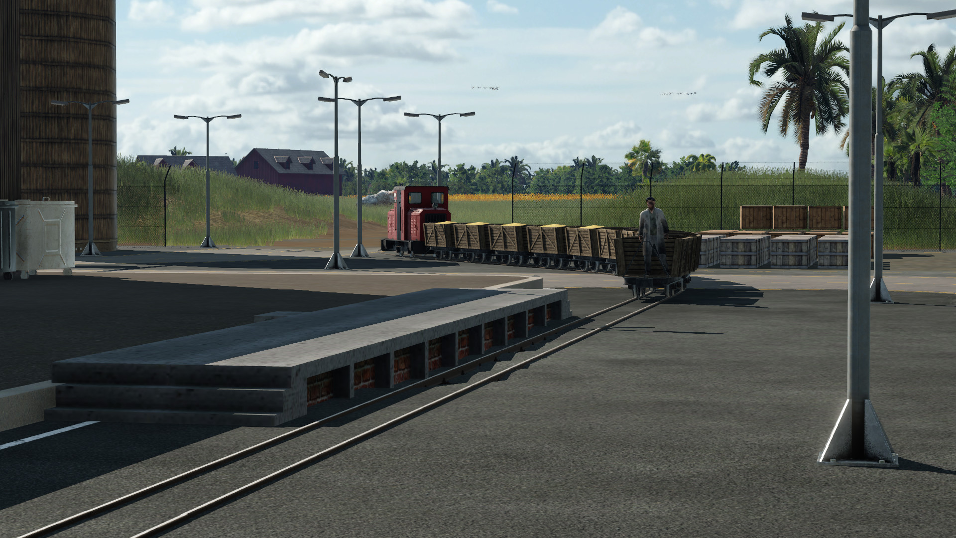 Feldbahn fährt auf Bauernhof und Industrieanlage "Lebensmittelfabrik"
