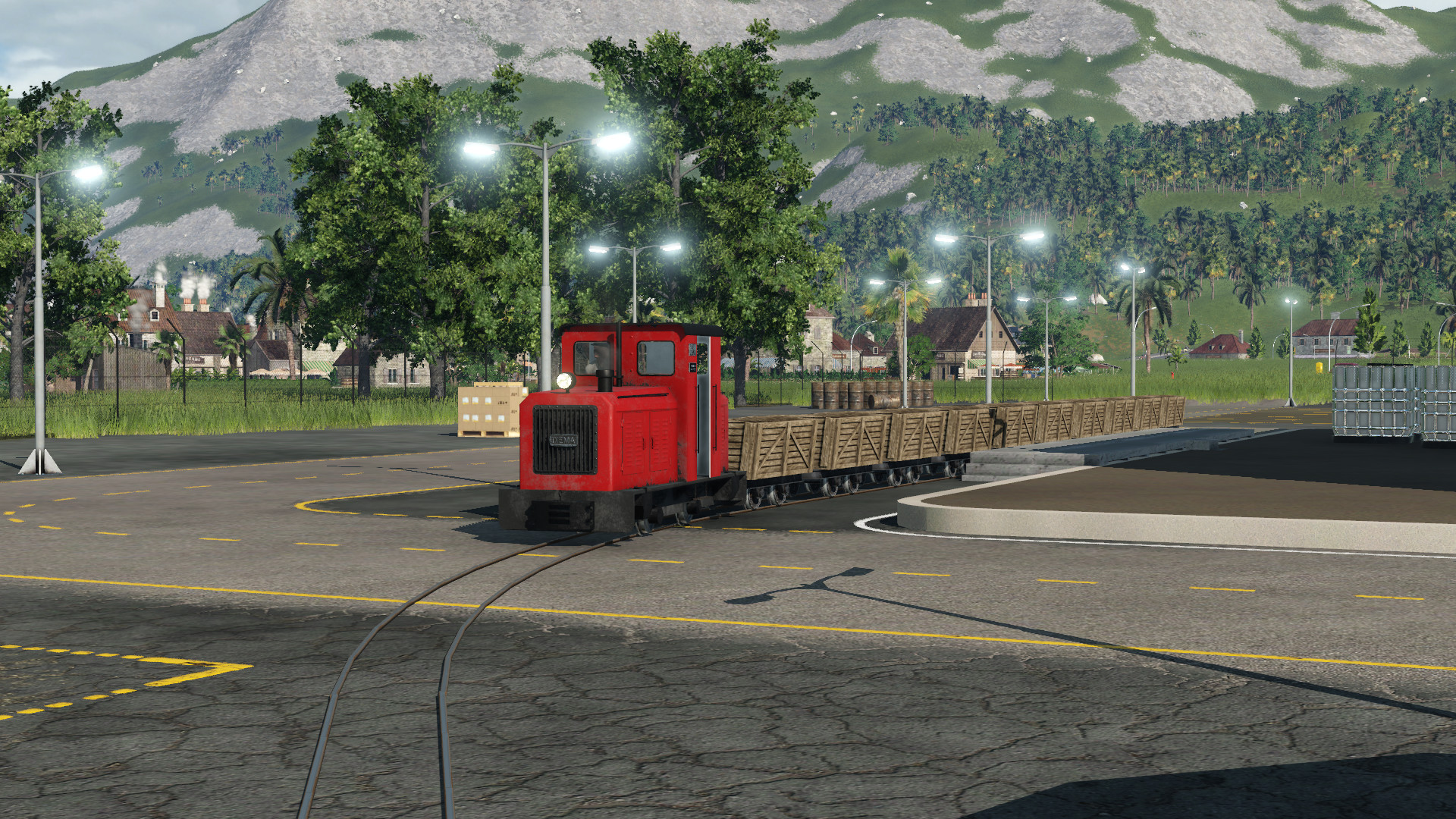 Feldbahn fährt auf Bauernhof und Industrieanlage "Lebensmittelfabrik"