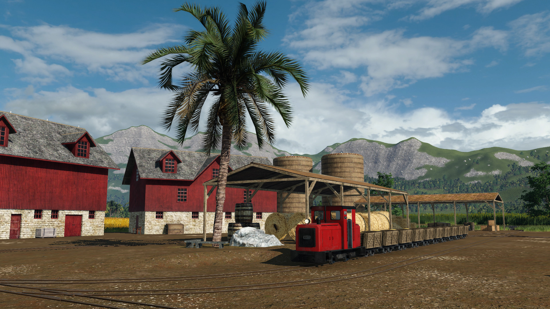 Feldbahn fährt auf Bauernhof und Industrieanlage "Lebensmittelfabrik"