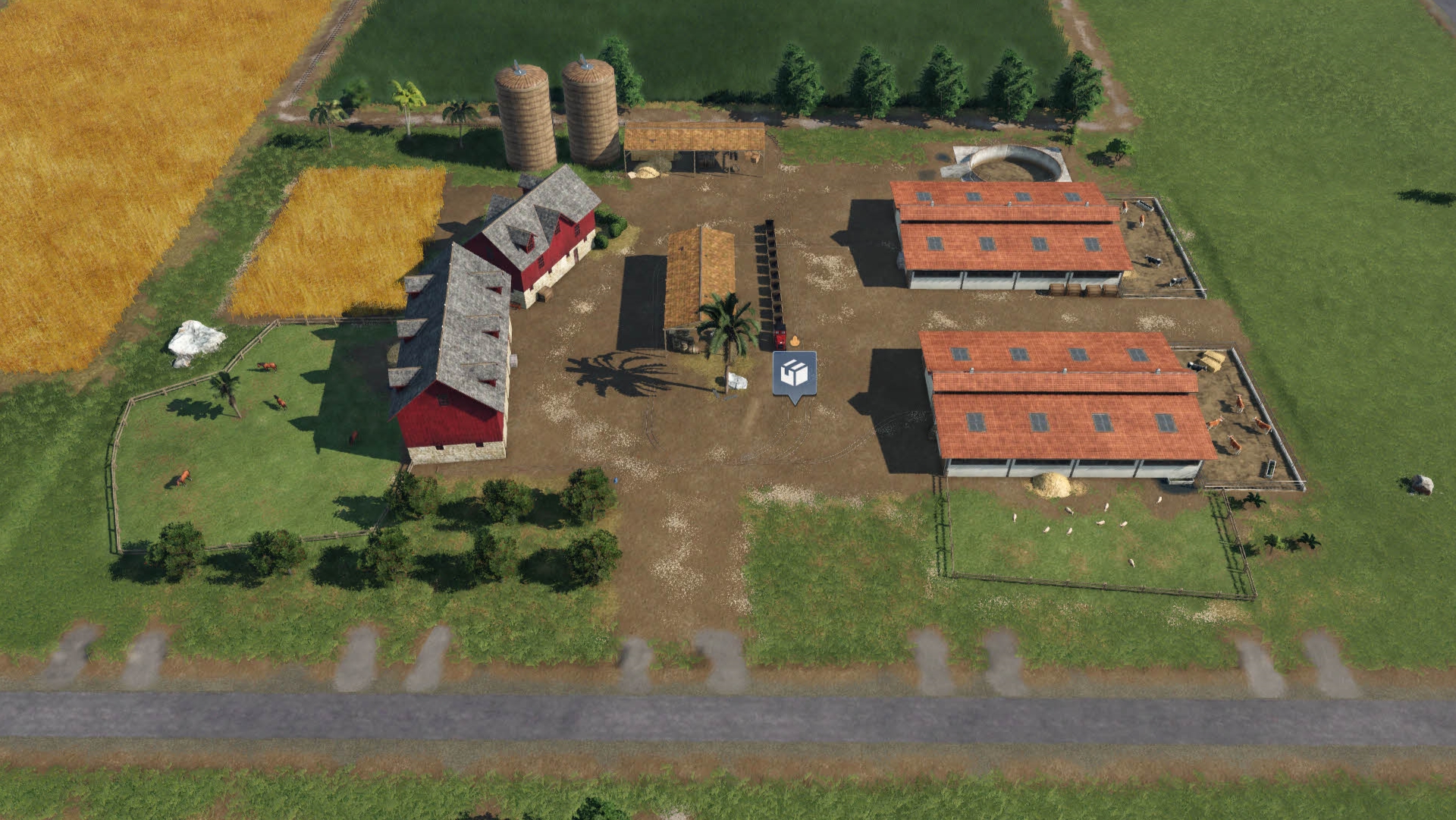 Feldbahn fährt auf Bauernhof und Industrieanlage "Lebensmittelfabrik"