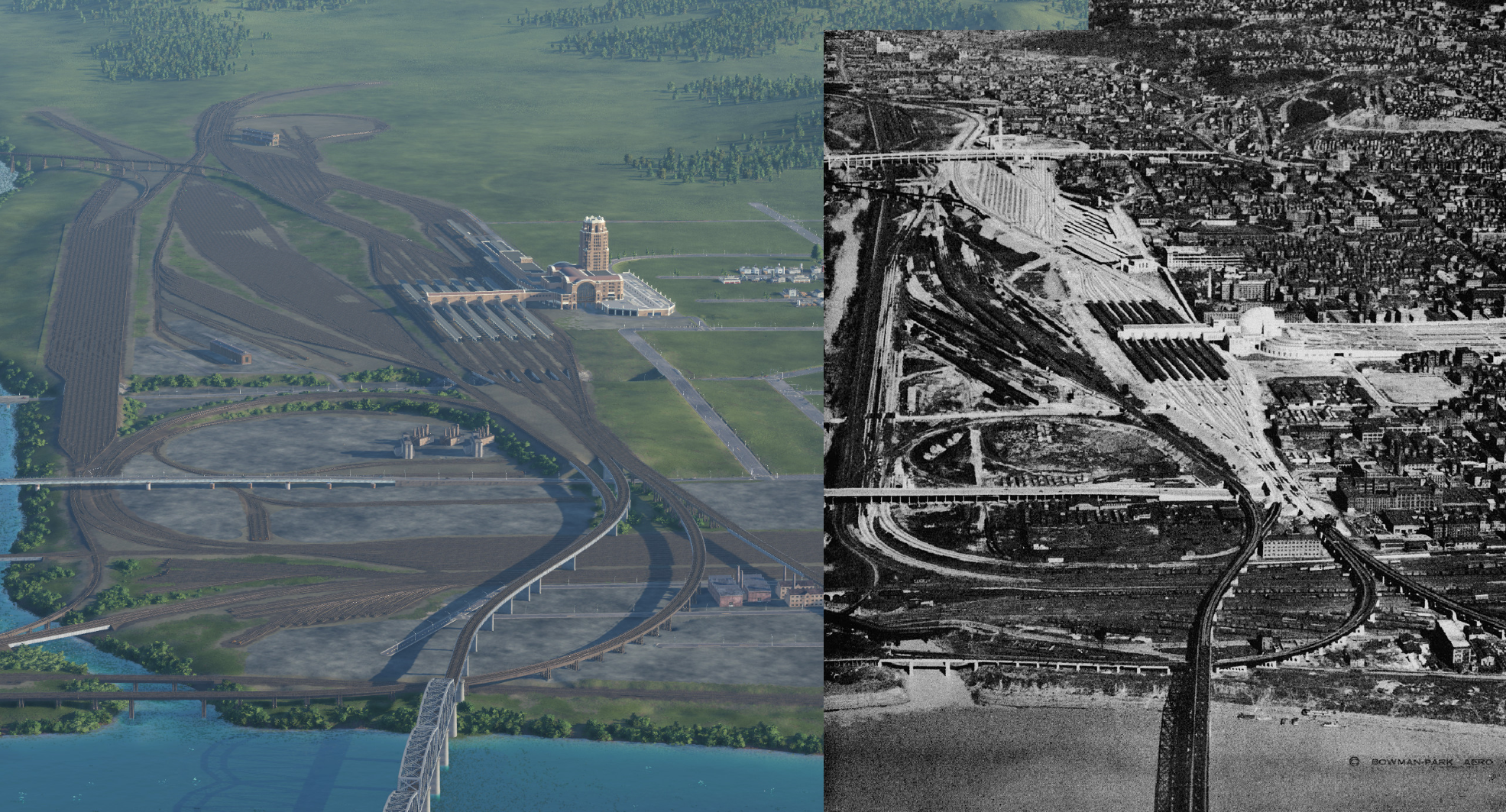 Current progress next to historical aerial shot.