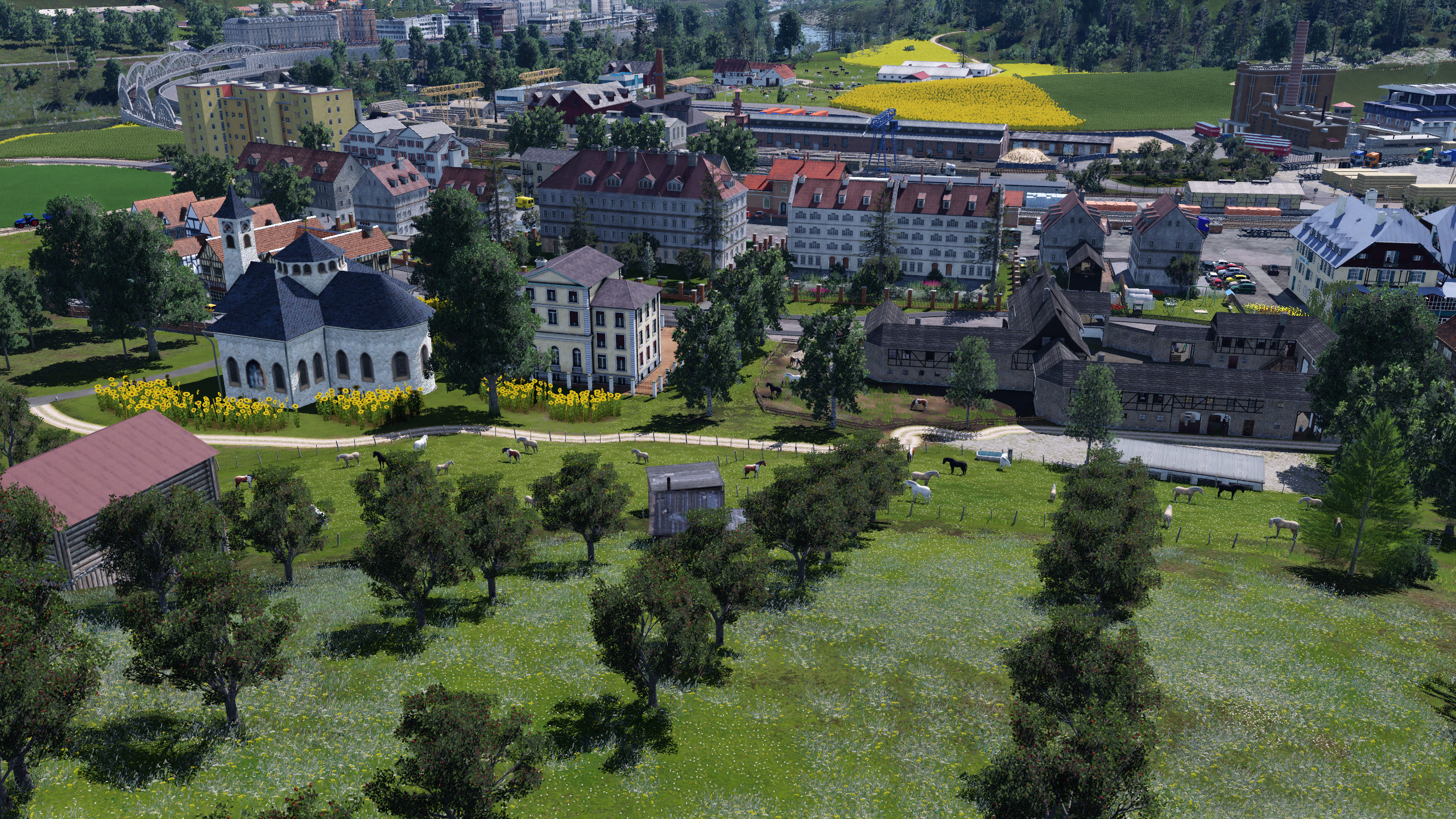 Blick vom Berg auf die kleine Stadt am Bodensee mit dem kleinen Umschlagbahnof für Holz