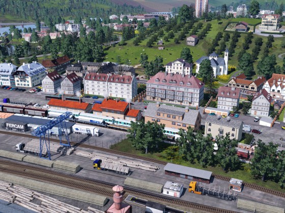 Blick auf die kleine Stadt am Bodensee mit dem kleinen Umschlagbahnof für Holz 1