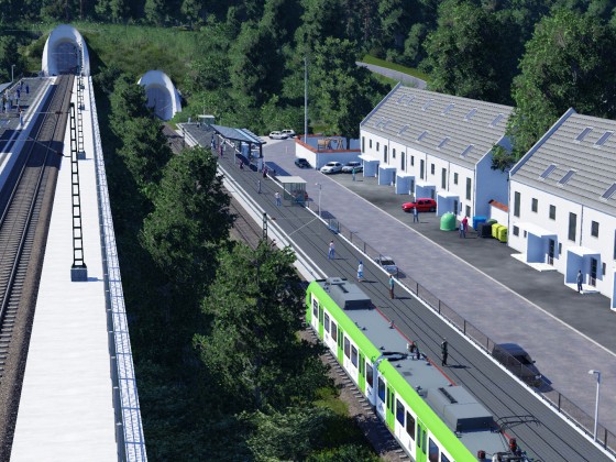 Obersbach: Ein redesignter VRR 422 als S-Bahn Richtung Nusseldorf Gleisvorfeld Betriebsbahnhof