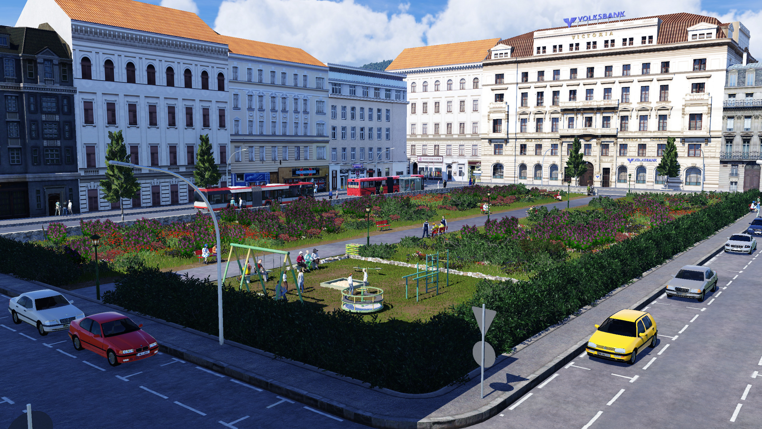 Reger Busverkehr vor dem Volksbankgebäude