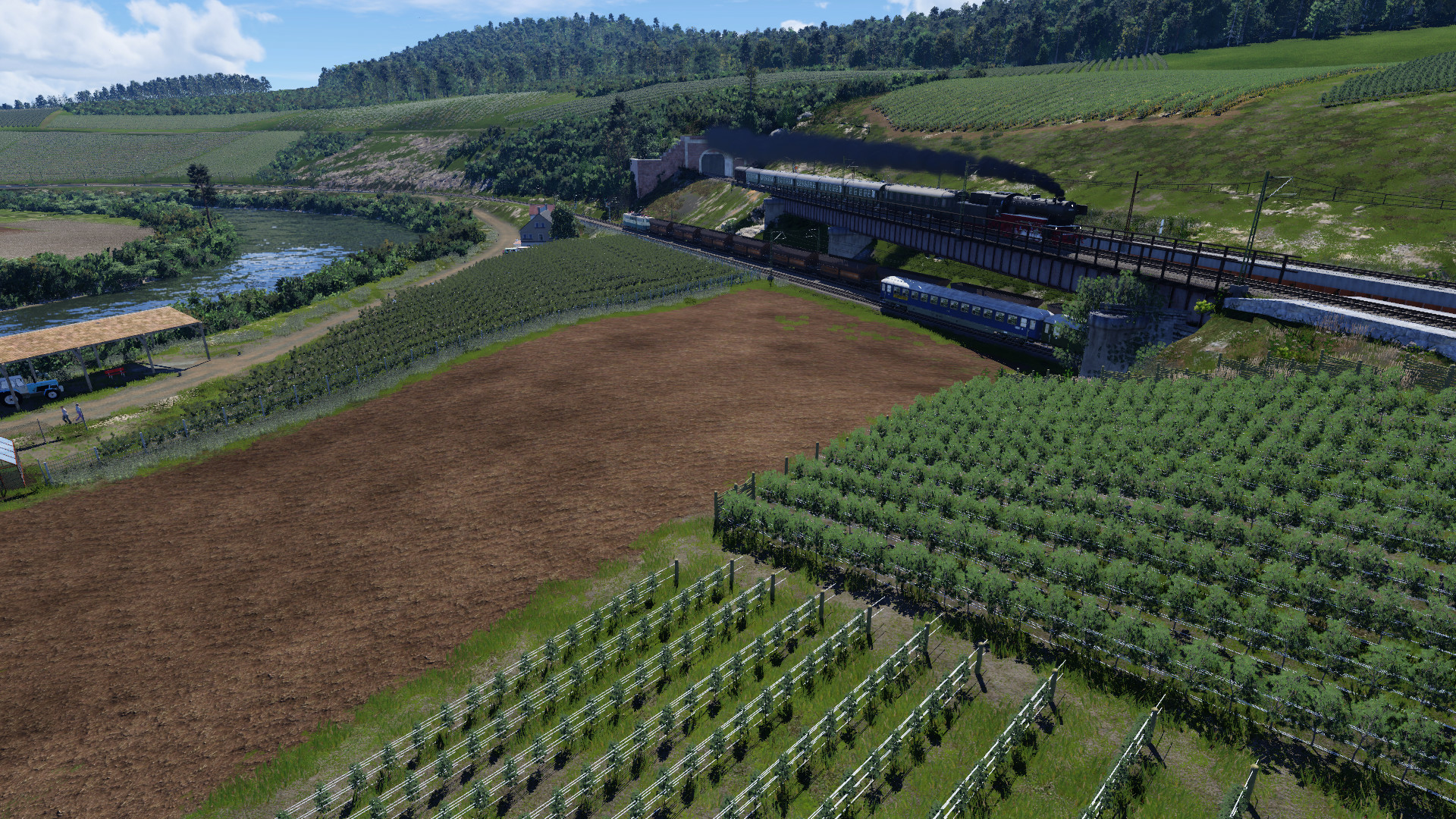 Das Fusel-Weinbaugebiet nähert sich dem Ende, zumindest in Bezug auf die noch annehmbare Performance sollte man das Spiel nicht ungebührlich strapazieren. Aber hier noch ein kleine Zugbegegnung auf Höhe des Gasthofes "zur sonnigen Fusel".