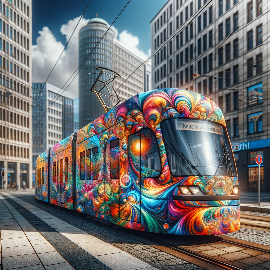 DALL·E 2024-01-07 21.26.31 - A modern Leipzig tram transformed into a kaleidoscopic wonder, with vibrant, swirling colors and surreal patterns against an urban backdrop