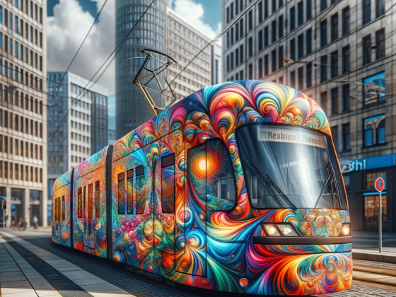 DALL·E 2024-01-07 21.26.31 - A modern Leipzig tram transformed into a kaleidoscopic wonder, with vibrant, swirling colors and surreal patterns against an urban backdrop