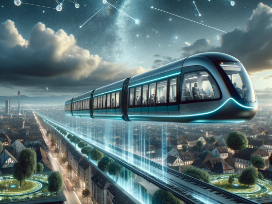 DALL·E 2024-01-07 21.24.52 - A modern Leipziger Straßenbahn tram envisioned as a sleek, futuristic hovercraft, gliding over a cityscape with floating gardens and buildings, under