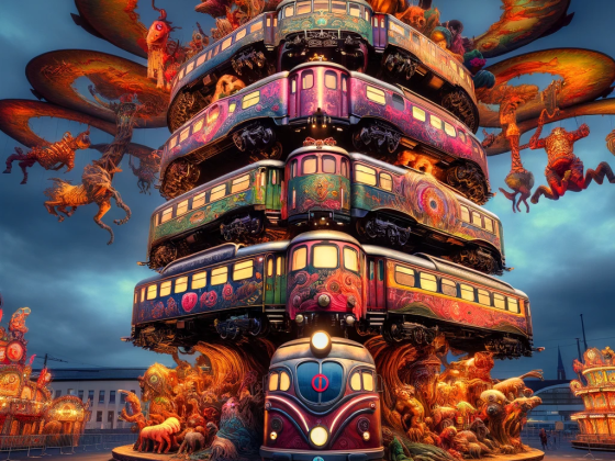 DALL·E 2024-01-07 21.20.29 - A Doppelstockzug of the Deutsche Bahn reimagined as a towering, double-decker carousel, with each carriage adorned with whimsical creatures and patter