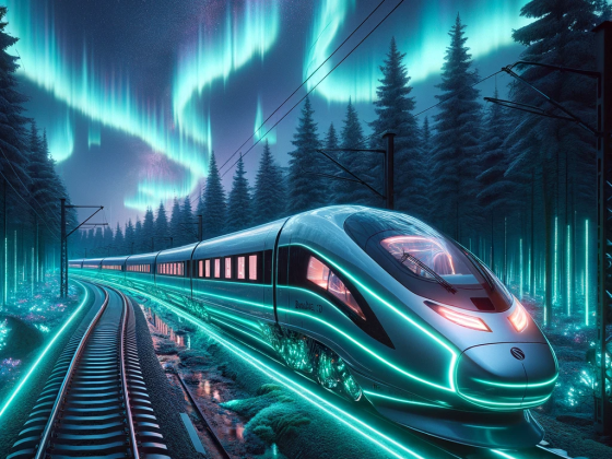 DALL·E 2024-01-07 21.19.24 - A Baureihe 193 Vectron train reenvisioned as a sleek, neon-lit serpent, winding through a mystical forest with glowing trees and a sky filled with aur