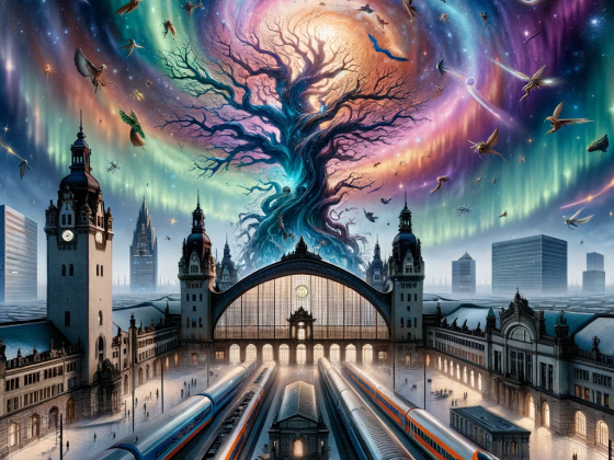 DALL·E 2024-01-07 21.23.16 - A whimsical depiction of Leipzig Hauptbahnhof with the architecture morphing into a fantastical tree, trains as mythical creatures, and a sky painted