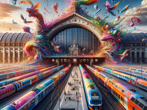 DALL·E 2024-01-07 21.16.55 - A vibrant and surreal version of the Leipzig Hauptbahnhof, with the train station transformed into an organic structure, trains resembling colorful dr