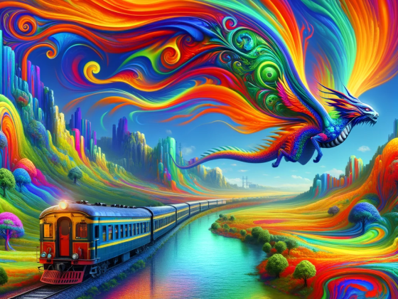 DALL·E 2024-01-07 21.21.11 - A surreal interpretation of a Dosto (double-decker) train, transformed into a vibrant, multicolored dragon flying over a landscape of psychedelic hill